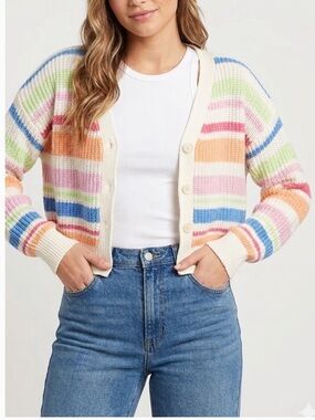 Jessica Simpson Striped V-Neck Cropped Knit Cardigan Size Small NWT Rainbow Boho